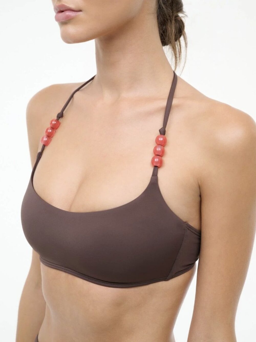 STAUD Laird Embellished Beaded Bikini Top Brown
